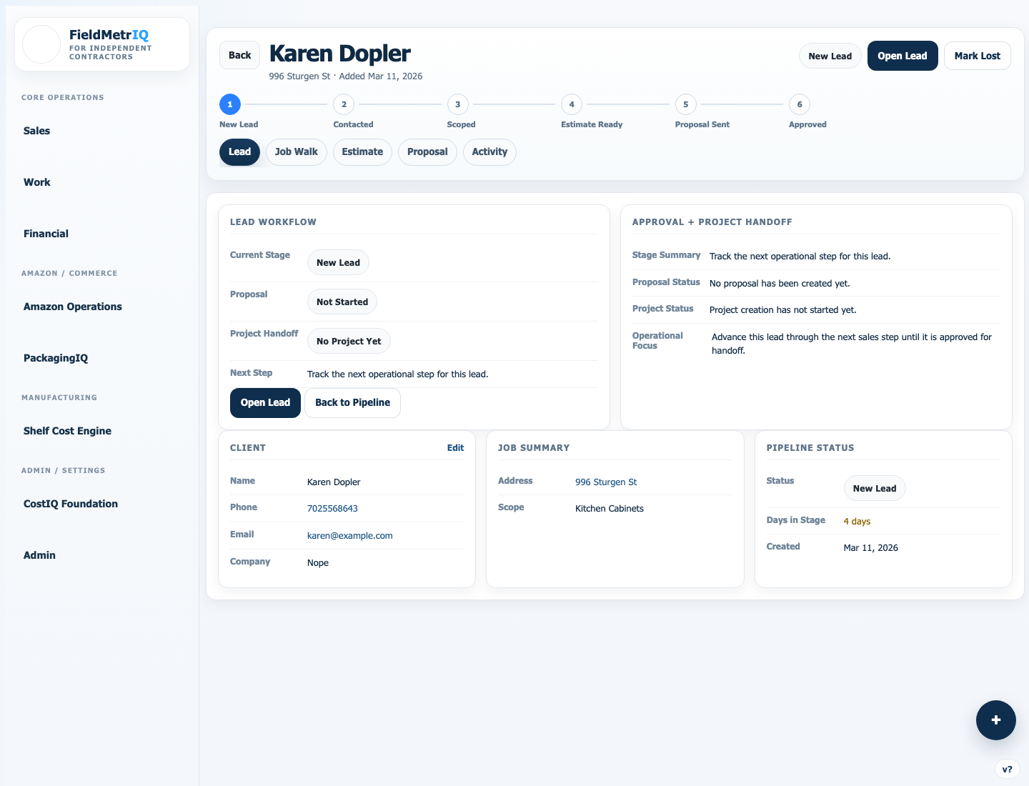 FieldMetriq lead detail screen showing workflow state and project handoff context