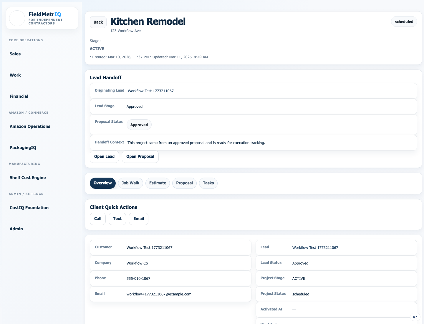 FieldMetriq project detail screen showing linked lead handoff and project visibility