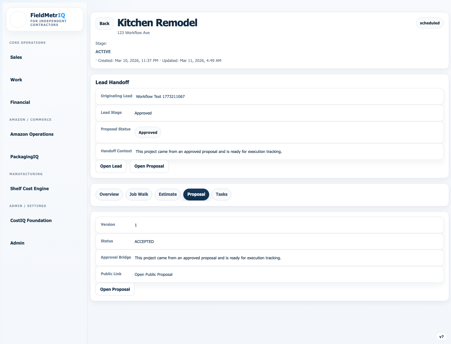 FieldMetriq proposal tab showing proposal detail and approval-oriented handoff context